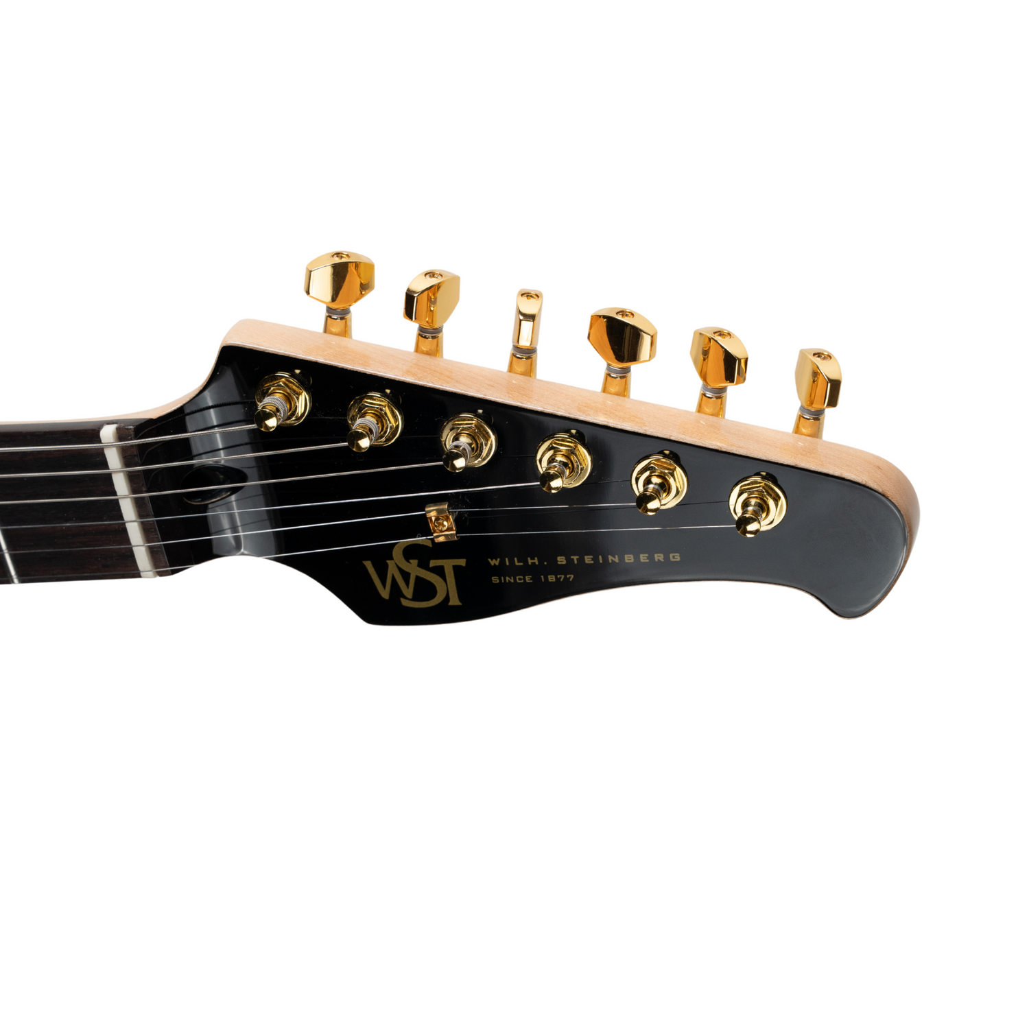 Guitar headstock with gold tuning pegs on a white background
